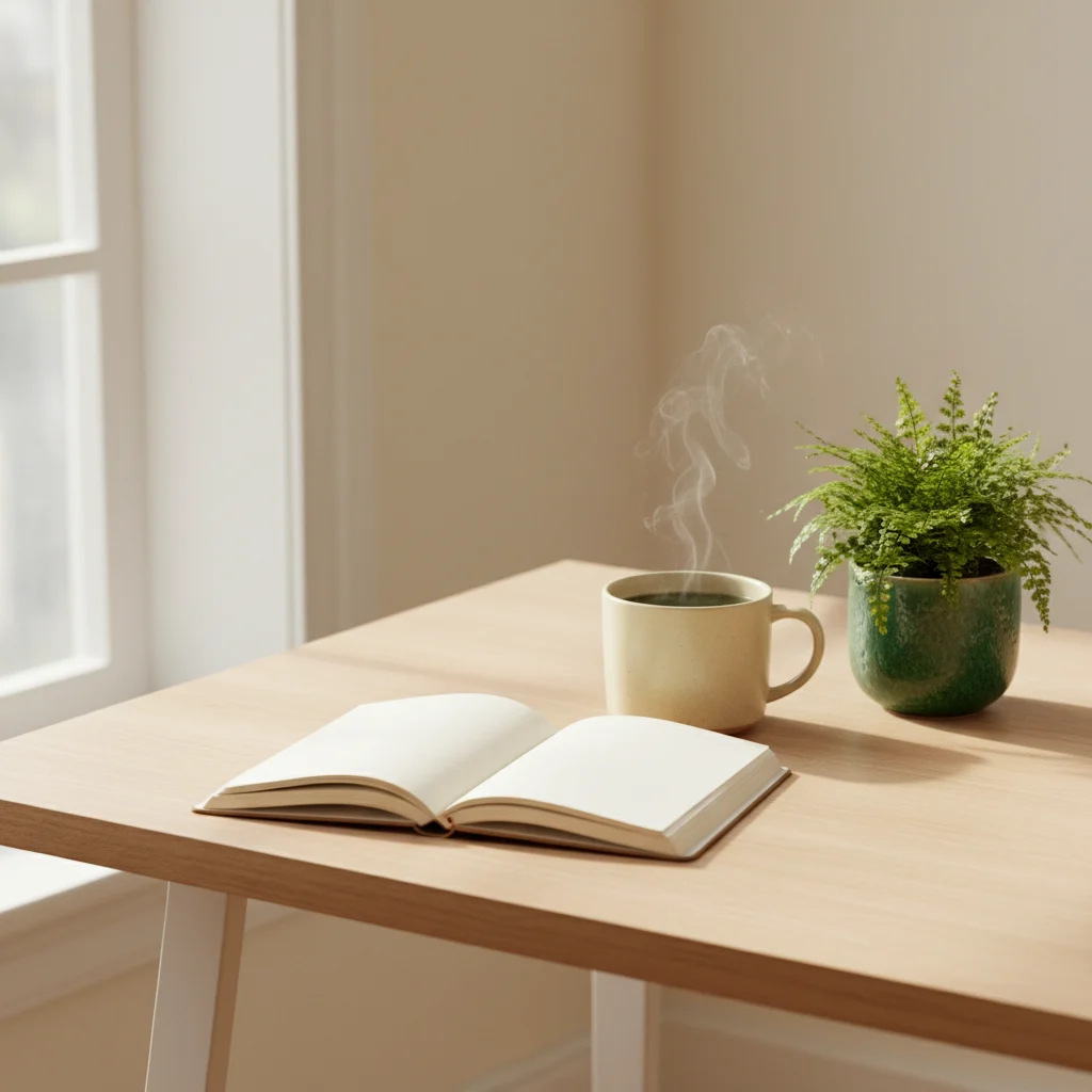 Ruhiger Arbeitsplatz mit Notizbuch, Pflanze und Tasse Tee als Symbol für konzentrierte tägliche Routine