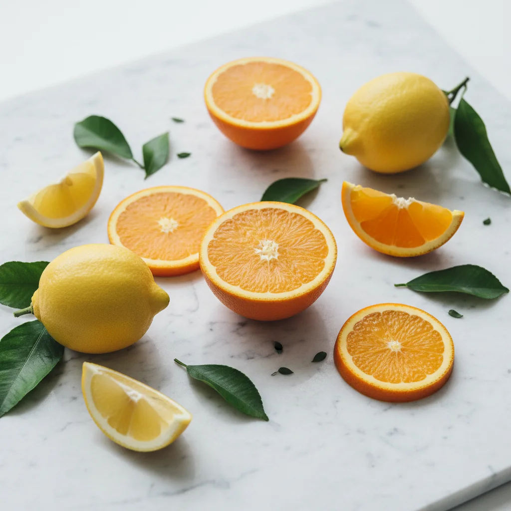 Frische Zitrusfrüchte - Orangen und Zitronen - auf einem hellen Marmortisch, Symbol für natürliches Vitamin C